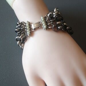 TREND 2026 Vintage Bracelet Chunky Silvertone Black Chain Faux Seed Pearl Accent